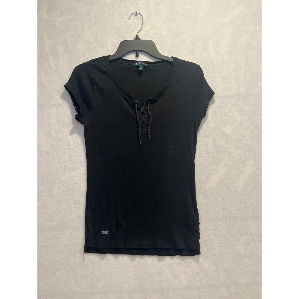 Lauren Ralph Lauren Black Ribbed Knit Lace‎ Up V Neck T Shirt Top